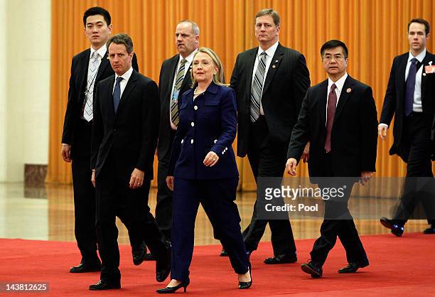 Treasury Secretary Timothy Geithner , Secretary of State Hillary Clinton and Ambassador to China Gary Locke arrives at the Great Hall of the People...