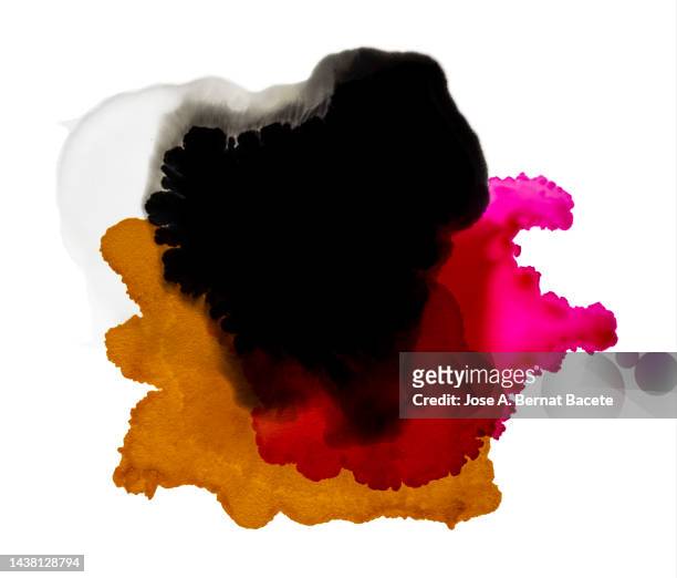 drops of multicolored paints sliding on a blank canvas. - black watercolor stockfoto's en -beelden