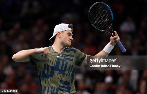 Jack Draper of Great Britain celebrates defeating Arthur Rinderknech of France in the first round during Day Two of the Rolex Paris Masters tennis at...