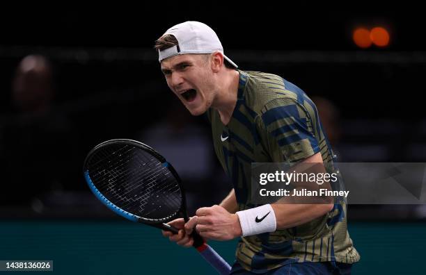 Jack Draper of Great Britain celebrates in his match against Arthur Rinderknech of France in the first round during Day Two of the Rolex Paris...