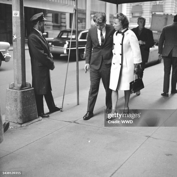 Published; Cropped for publication; Robert and Ethel Kennedy talking outside La Côte Basque restaurant on November 2, 1965 in New York..Article...