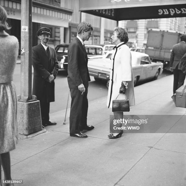 Outtake; Robert and Ethel Kennedy talking outside La Côte Basque restaurant on November 2, 1965 in New York..Article title: "The Kennedy Ticket"