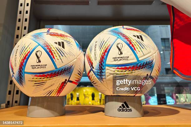 The official match balls for the FIFA World Cup Qatar 2022 Al Rihla are on sale at an Adidas store on November 1, 2022 in Shanghai, China. The FIFA...