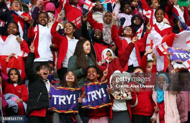 Fans of England react in the crowd during the Women's Rugby League World Cup Group A match between England Women and Brazil Women at Headingley on...