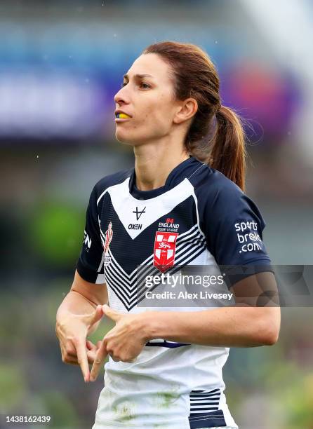 Courtney Winfield-Hill of England looks on during the Women's Rugby League World Cup Group A match between England Women and Brazil Women at...