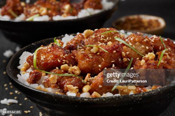 sweet crispy korean fried chicken - rice bowl stockfoto's en -beelden