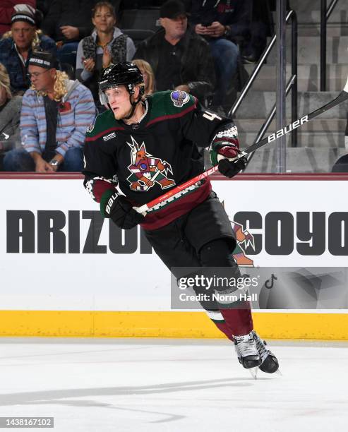 Juuso Valimaki of the Arizona Coyotes skates up ice against the Winnipeg Jets at Mullett Arena on October 28, 2022 in Tempe, Arizona.