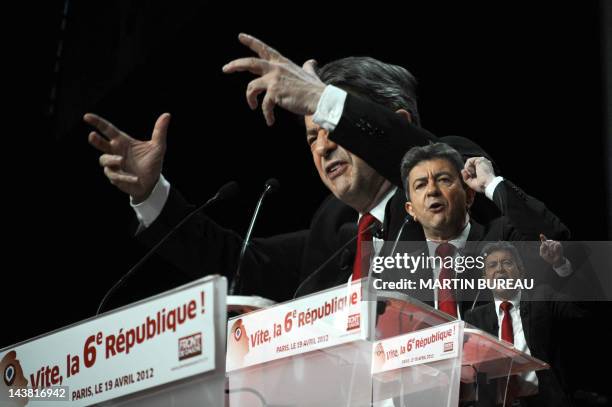 Multi-exposures picture shows French Front de Gauche leftist party's candidate for the 2012 French presidential election, Jean-Luc Melenchon as he...