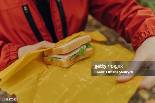 teenage girl eats sandwich wrapped in the beeswax cloth wrap - wrap sandwich stock-fotos und bilder