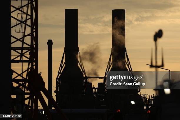 The BASF plant stands at sunset on November 01, 2022 in Schwarzheide, Germany. The plant, which makes chemical products, relies on natural gas for...