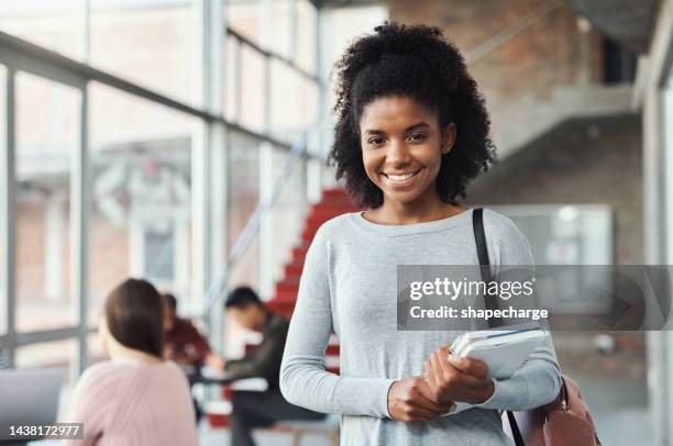 education, notebook and university portrait of student with books for learning, academy study or college studying. knowledge, scholarship and gen z black woman at school campus for english exam test - advance 2018 exam stock pictures, royalty-free photos & images