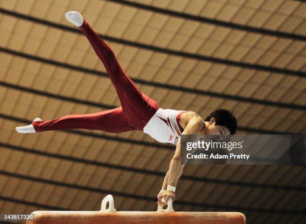 Koji Yamamuro of Japan performs his pommel horse routine during day one of the 51st Artistic Gymnastics NHK Trophy at Yoyogi National Gymnasium on...