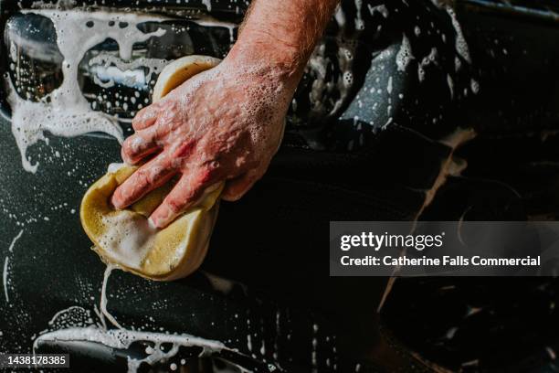 close-up of a mans hand holding a wet yellow sponge, washing a car - car splashing water on people stock pictures, royalty-free photos & images