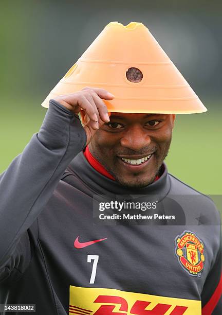 Patrice Evra of Manchester United in action during a training session at Carrington Training Ground on May 4, 2012 in Manchester, England.