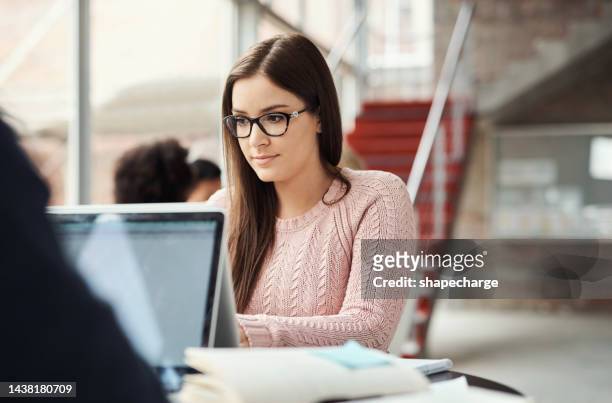 education, university or student working on laptop for college, scholarship or school research project. knowledge commitment, campus girl or learning woman typing on computer, studying or review work - generals review 2018 stock pictures, royalty-free photos & images