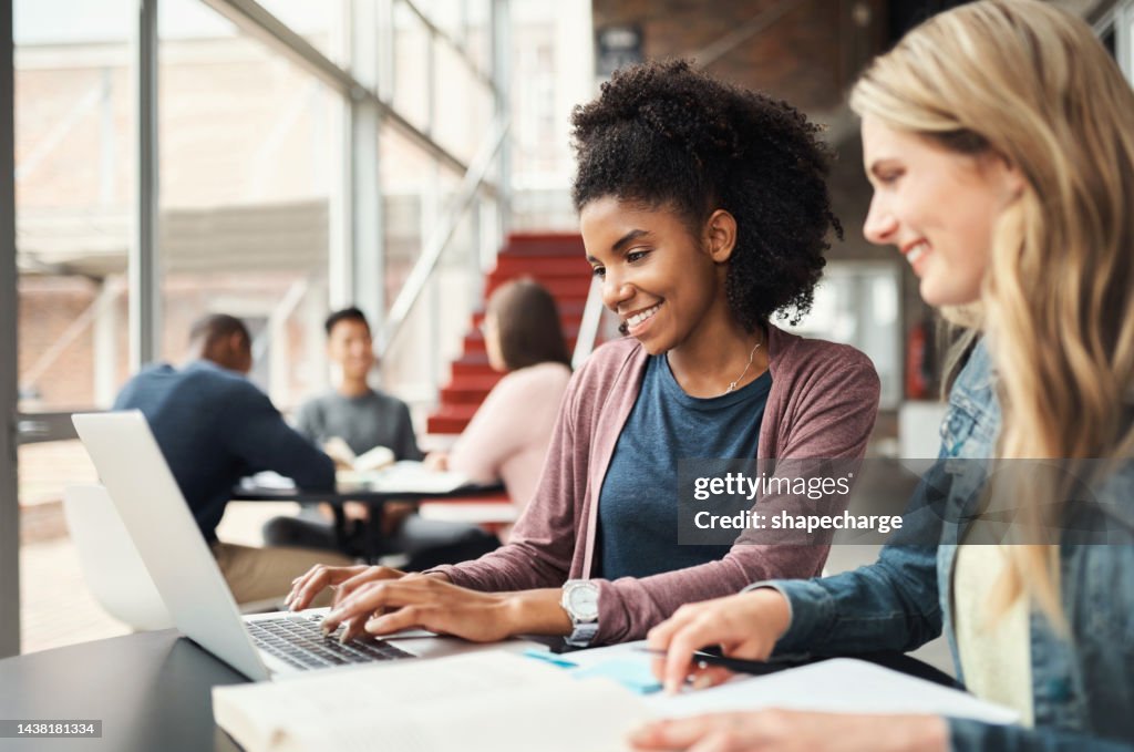 University student, friends and study on campus laptop, research and education test, exam books and course project. Young college students women learning online, technology and knowledge in cafeteria