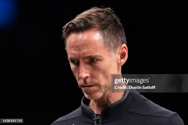 Head coach Steve Nash of the Brooklyn Nets looks on from the sideline during the first quarter of the game against the Indiana Pacers at Barclays...