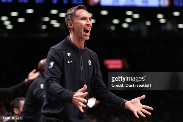 Head coach Steve Nash of the Brooklyn Nets reacts to a call on the sideline during the second quarter of the game against the Indiana Pacers at...