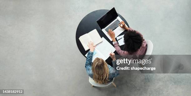 planning, research and laptop with top view of business people and mockup for collaboration, meeting and project management. review, innovation and goals with employee in office for idea and startup - project management stock pictures, royalty-free photos & images