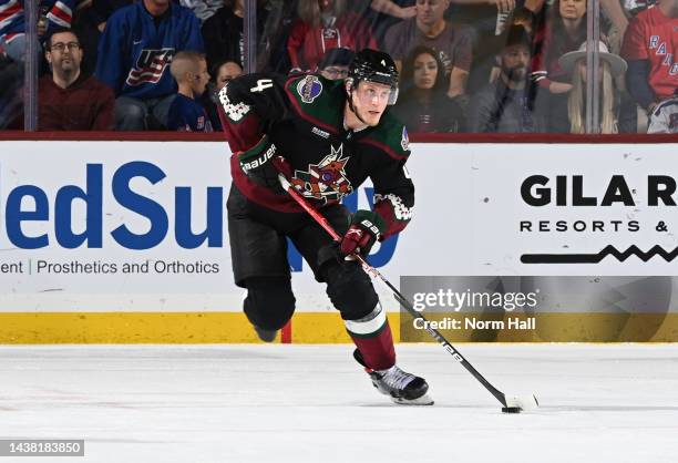 Juuso Valimaki of the Arizona Coyotes skates with the puck against the New York Rangers at Mullett Arena on October 30, 2022 in Tempe, Arizona.