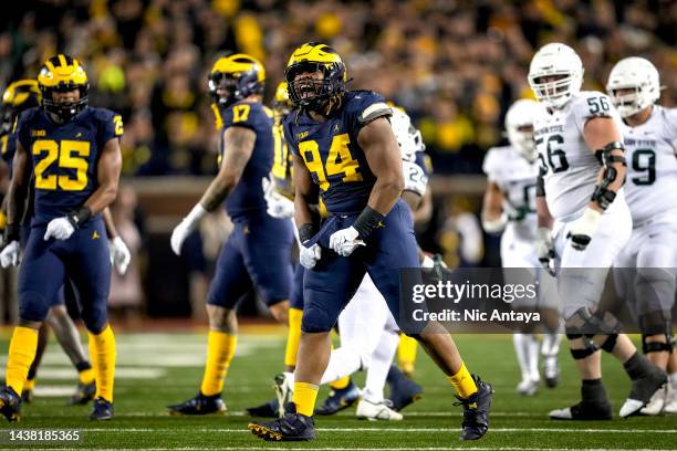 Kris Jenkins of the Michigan Wolverines reacts against the Michigan State Spartans during the second quarter at Michigan Stadium on October 29, 2022...