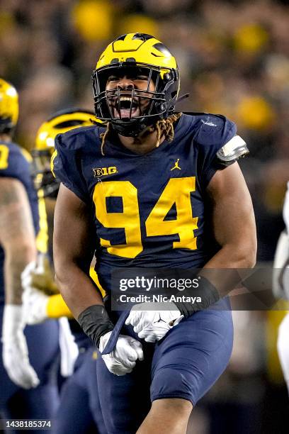 Kris Jenkins of the Michigan Wolverines reacts against the Michigan State Spartans during the second quarter at Michigan Stadium on October 29, 2022...