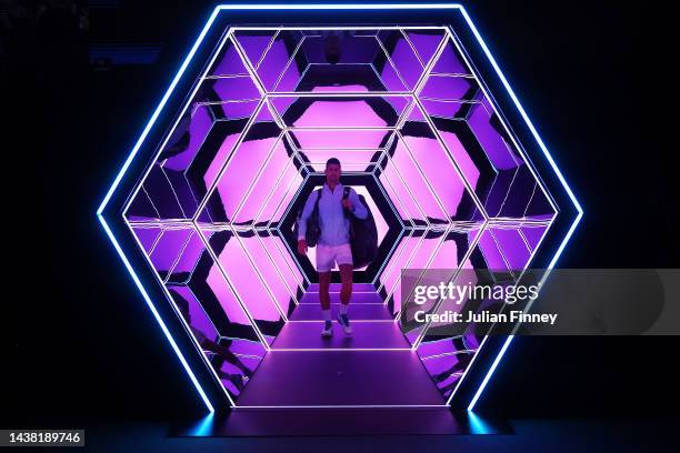 Novak Djokovic of Serbia enters the court to play Maxime Cressy of USA in the second round during Day Two of the Rolex Paris Masters tennis at Palais...