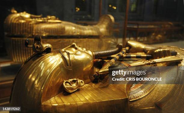 One of King Tutankhamun's gold sarcophagi is displayed at the Egyptian Museum in Cairo late 22 October 2007. This is the third and innermost coffin...