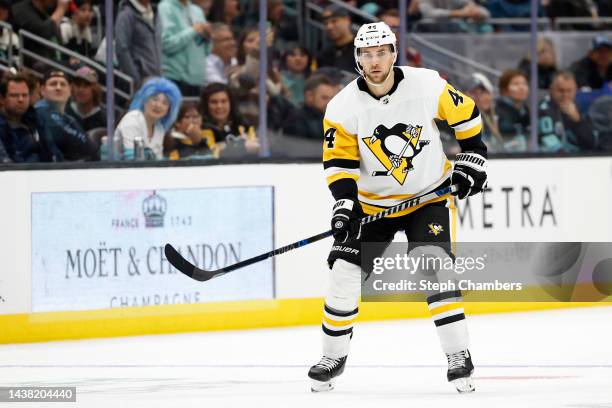 Jan Rutta of the Pittsburgh Penguins skates against the Seattle Kraken during the third period at Climate Pledge Arena on October 29, 2022 in...