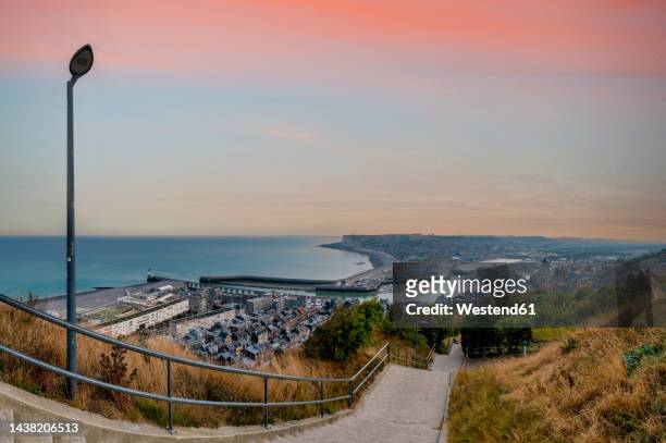 france, normandy, le treport, hillside staircase with coastal town in background - seine maritime photos et images de collection