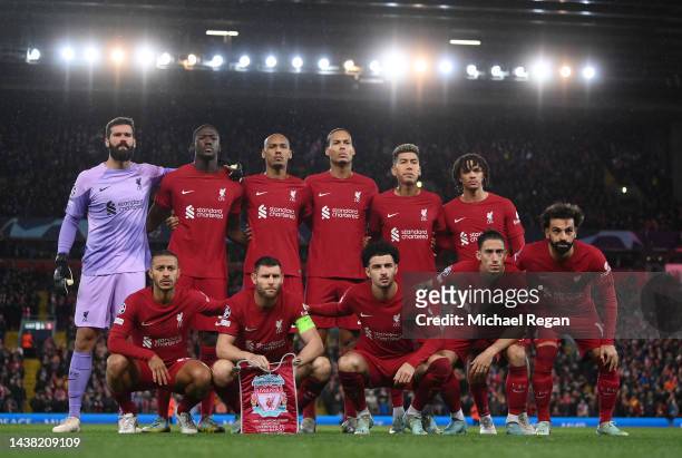 Liverpool players pose for a photo prior to the UEFA Champions League group A match between Liverpool FC and SSC Napoli at Anfield on November 01,...