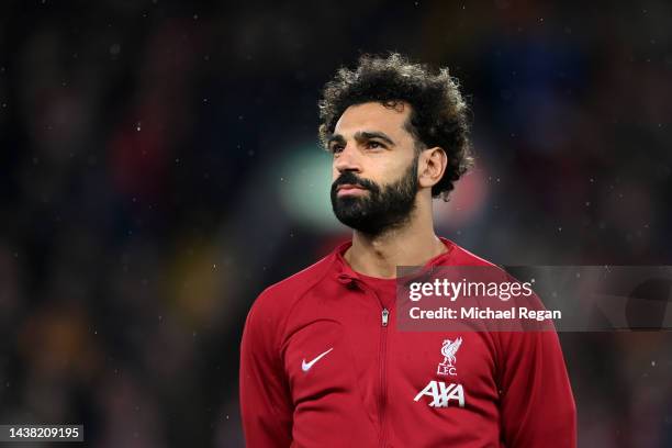 Mohamed Salah of Liverpool looks on prior to the UEFA Champions League group A match between Liverpool FC and SSC Napoli at Anfield on November 01,...