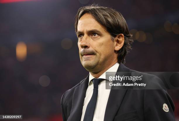 Simone Inzaghi, Head Coach of FC Internazionale looks on prior to the UEFA Champions League group C match between FC Bayern München and FC...