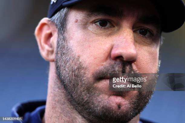 Pitcher Justin Verlander of the Houston Astros looks on during batting practice before the start of Game Three of the 2022 World Series against the...