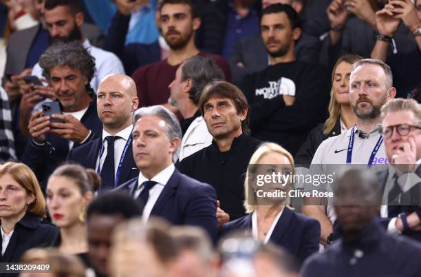 Antonio Conte, Manager of Tottenham Hotspur looks on from the stands during the UEFA Champions League group D match between Olympique Marseille and...