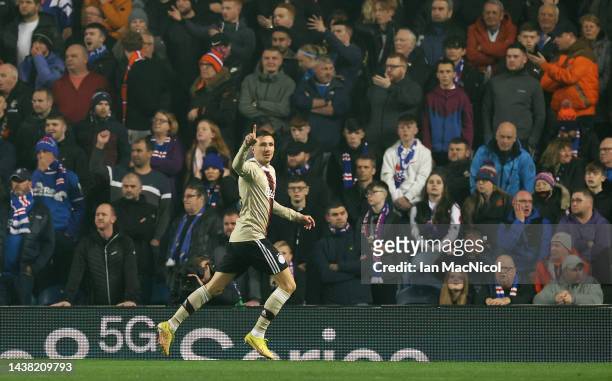 Steven Berghuis of AFC Ajax celebrates scoring their side's first goal during the UEFA Champions League group A match between Rangers FC and AFC Ajax...