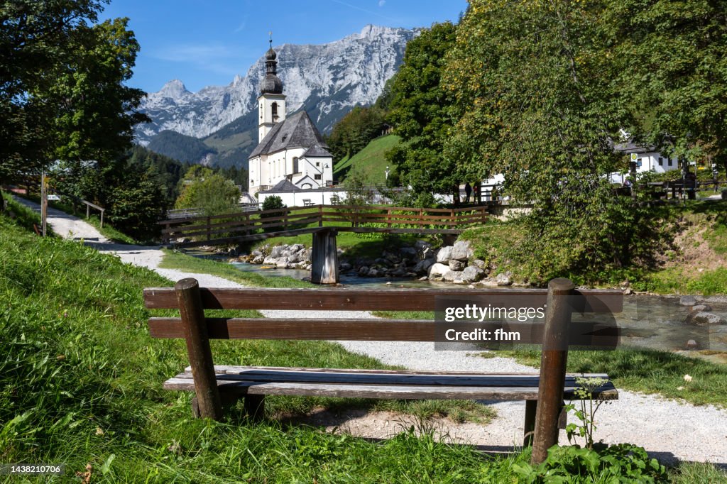 Ramsau/ Berchtesgardener Land with church and river "Malerwinkel"(Bavaria/ Germany)