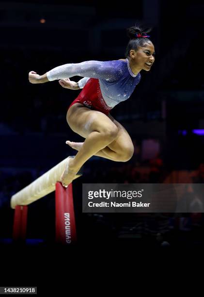 Jordan Chiles of United States celebrates after their routine on the Balance Beam during Women's Team Final on day four of the 2022 Gymnastics World...