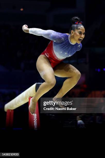 Jordan Chiles of United States celebrates after their routine on the Balance Beam during Women's Team Final on day four of the 2022 Gymnastics World...