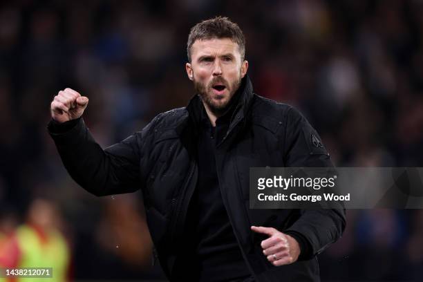 Michael Carrick, Manager of Middlesbrough celebrates after their side's first goal during the Sky Bet Championship match between Hull City and...
