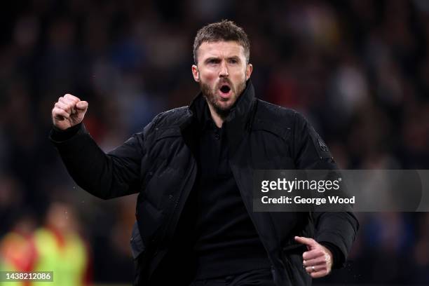 Michael Carrick, Manager of Middlesbrough celebrates after their side's first goal during the Sky Bet Championship match between Hull City and...