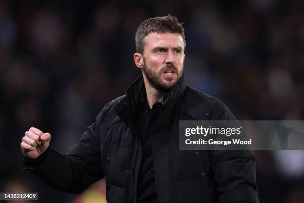 Michael Carrick, Manager of Middlesbrough celebrates after their side's first goal during the Sky Bet Championship match between Hull City and...