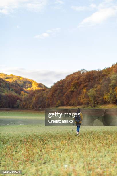 young woman hiking at sunny day in nature at autumn - shoes top view stockfoto's en -beelden