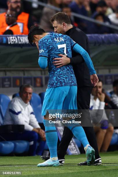 Son Heung-Min of Tottenham Hotspur is substituted after an injury during the UEFA Champions League group D match between Olympique Marseille and...