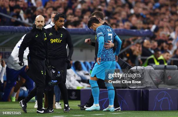 Son Heung-Min of Tottenham Hotspur is substituted after an injury during the UEFA Champions League group D match between Olympique Marseille and...