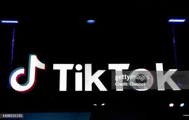 The logo of the mobile video sharing and social networking application TikTok, developed by the Chinese company ByteDance is displayed during Paris...