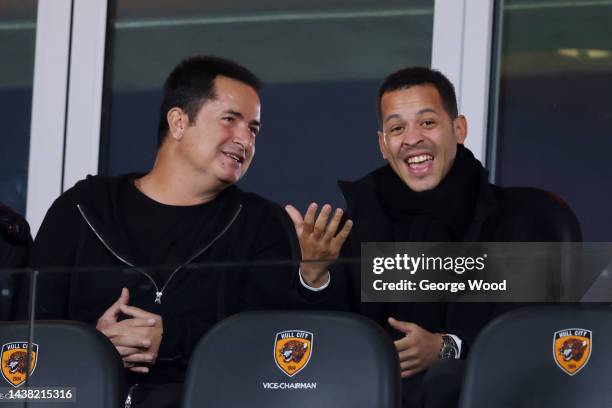 Former footballer and Derby County manager, Liam Rosenior reacts with Hull City Owner, Acun Ilıcalı during the Sky Bet Championship match between...