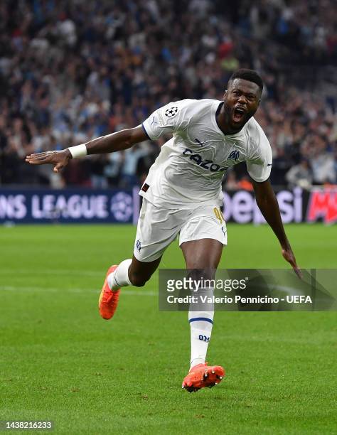 Chancel Mbemba of Marseille celebrates after scoring their team's first goal during the UEFA Champions League group D match between Olympique...
