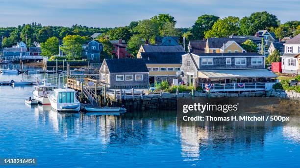 view of boats moored at harbor - portsmouth new hampshire imagens e fotografias de stock