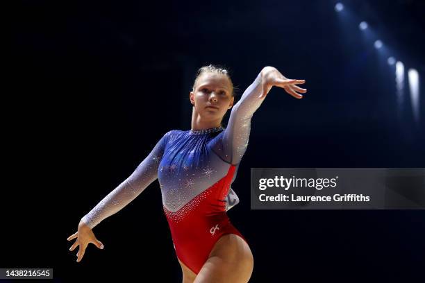 Jade Carey of United States competes on the Floor Exercise during Women's Team Final on day four of the 2022 Gymnastics World Championships at M&S...